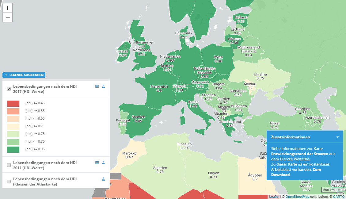 Diercke WebGIS Kartendienst - Entwicklungsstand (HDI) der Länder der Erde